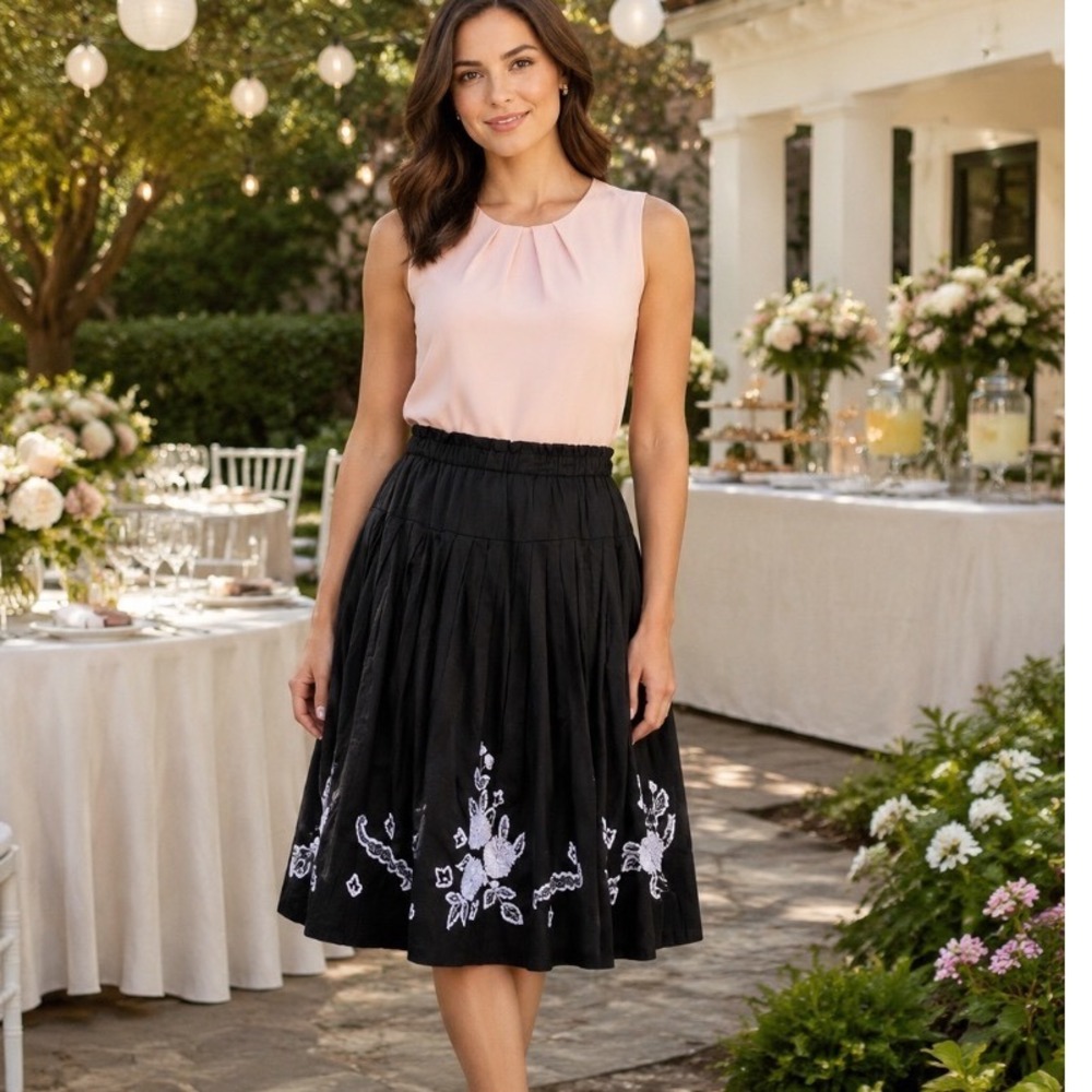 Grace Elements Woman Black Cotton Sequin Floral Midi Skirt NWT SZ 20w